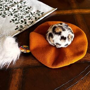 Anthropologie Orange Beret with Leopard Pom
